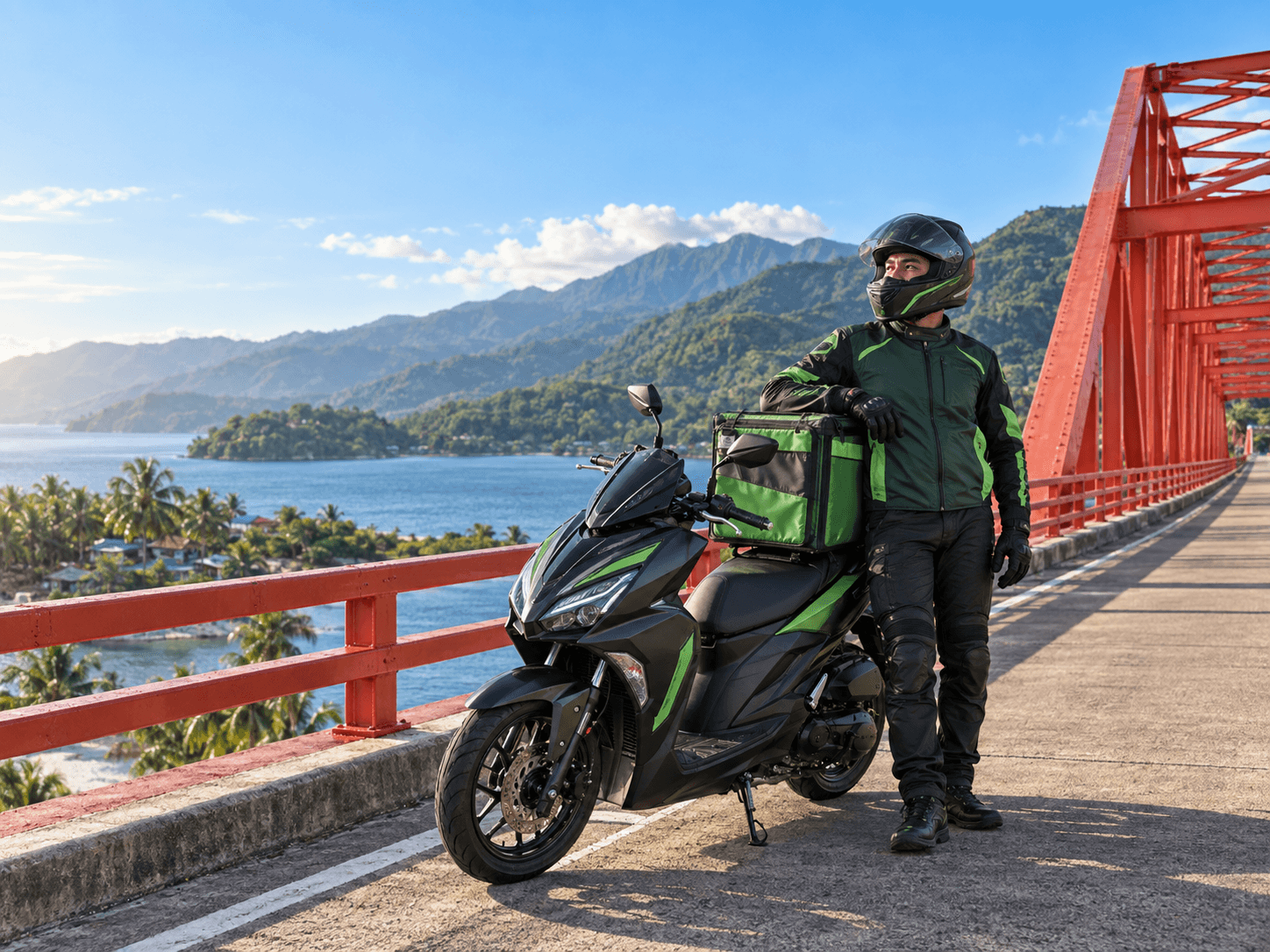 Motorcycle delivery rider on Biliran Bridge